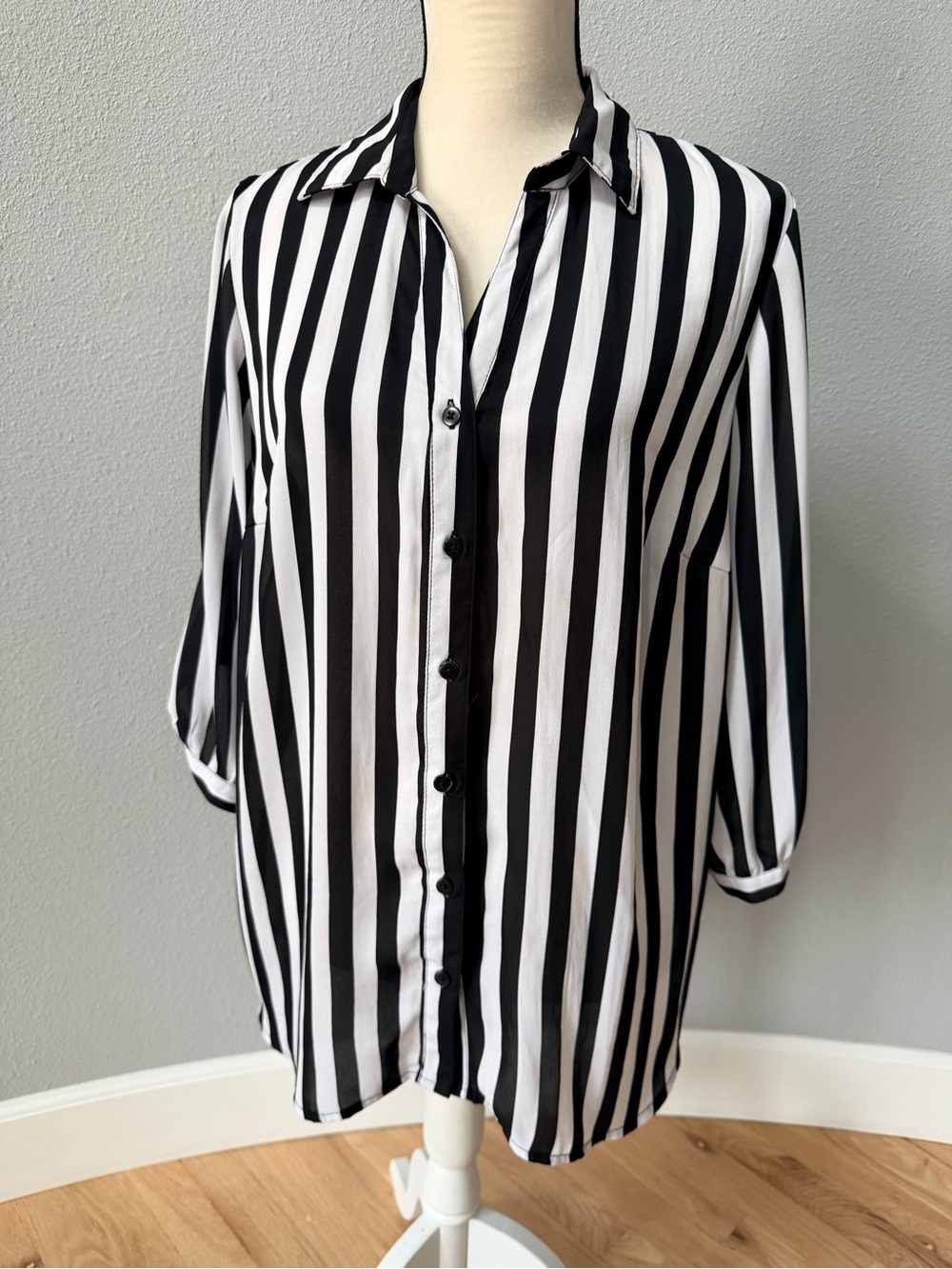 +Plus Moda Striped Lace Back Button Down Blouse Tunic Shirt Black White 16W
